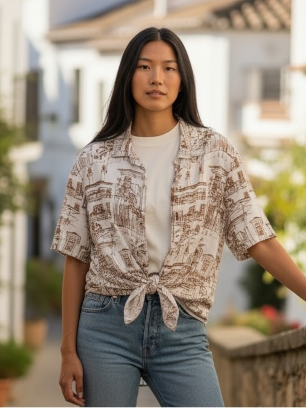 Menswear Patterned Button-Down Shirt in Cream and Brown - Women’s Listing